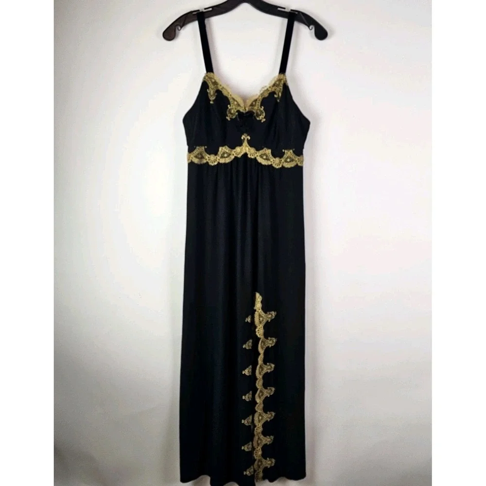 Soma Black Gold Long Nightgown Embroidered Front Slit Sleepwear Medium Romantic